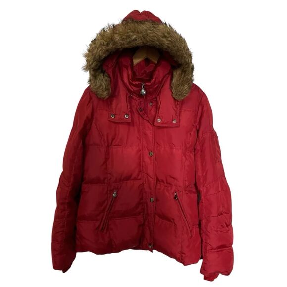 Covington Outerwear Women's Medium Coat Downs Puffer Jacket Red Fur Trim Hood - Picture 1 of 12